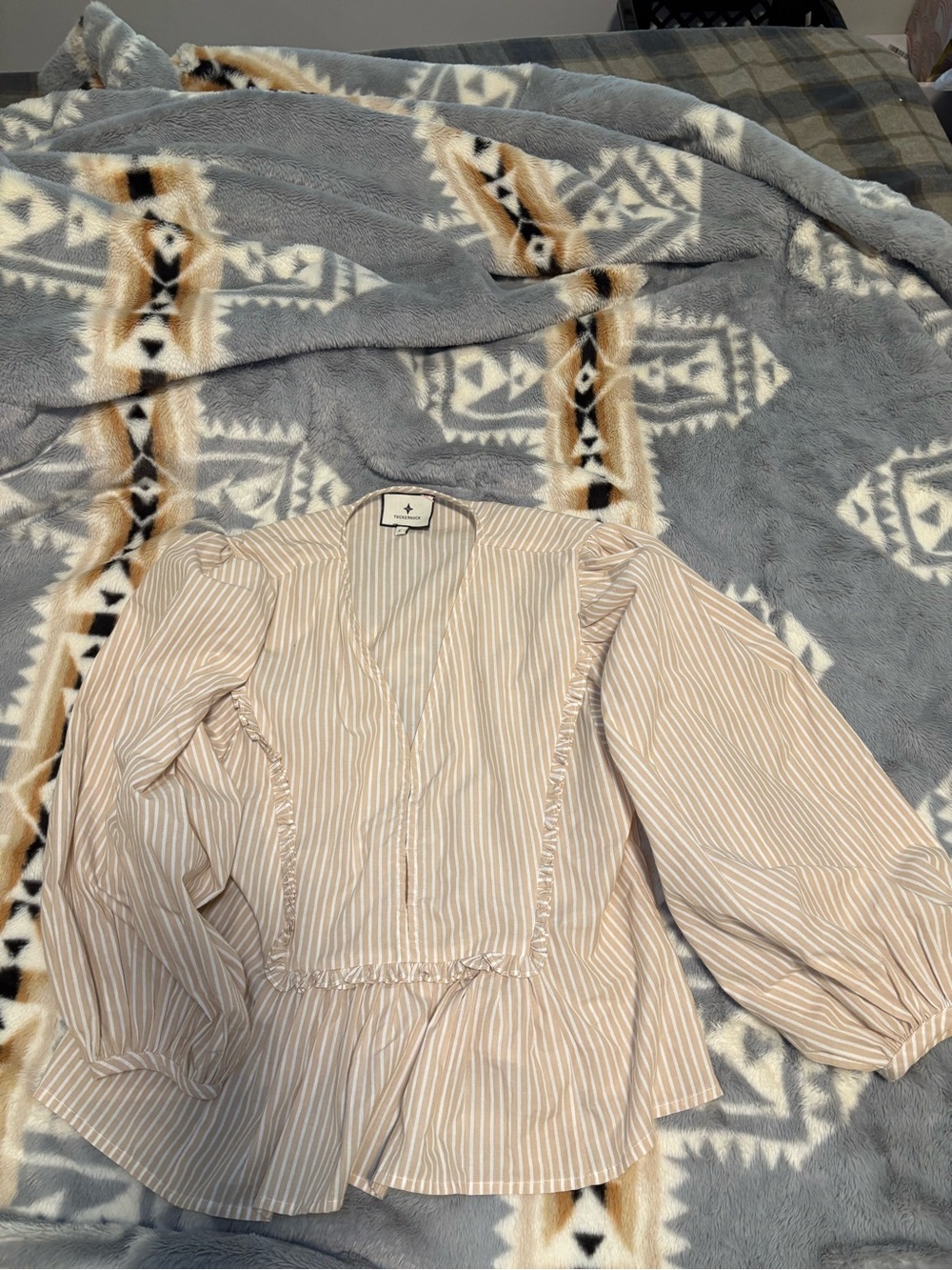 Tuckernuck Beige and White Striped V-Neck Blouse